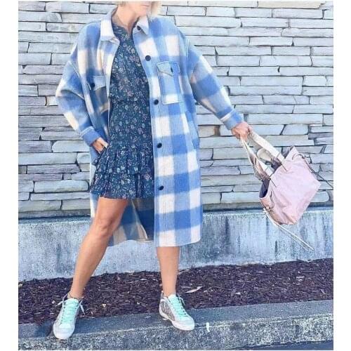 Women Coats 2021 Winter New Style Plaid Woolen Buttoned Pocket Wool Contrast Color Long Loose Commuter Coat