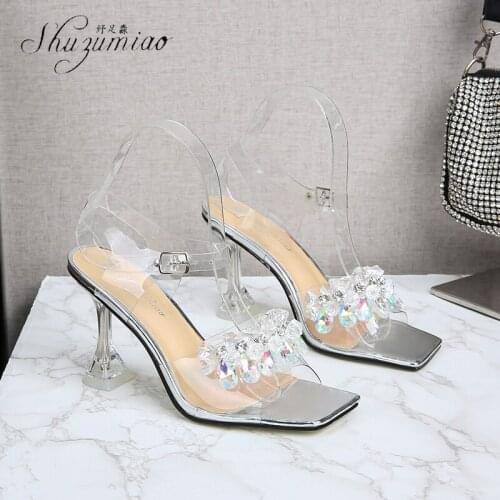 SHUZUMIAO Sexy Rhinestone Square Toe Sandals Women Summer Fashion Ankle Buckle Design Stiletto Heels Ladies Party Dress Shoes 45