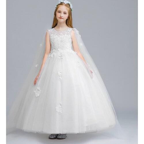 Flower Girl Dress Illusion Appliques Crystal Embroidery O-Neck Beading Princess Sleeveless Floor-Length Lace Kid Party Gown H144