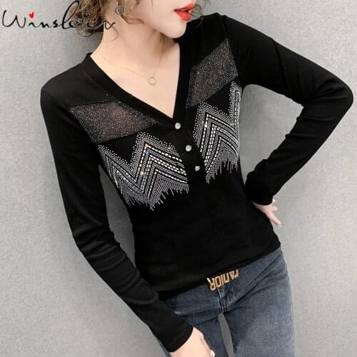 Spring Fall European Style Cotton T-Shirt Girls Chic Sexy V-Neck Button Pullover Patchwork Mesh Women Tops All Match T11214A