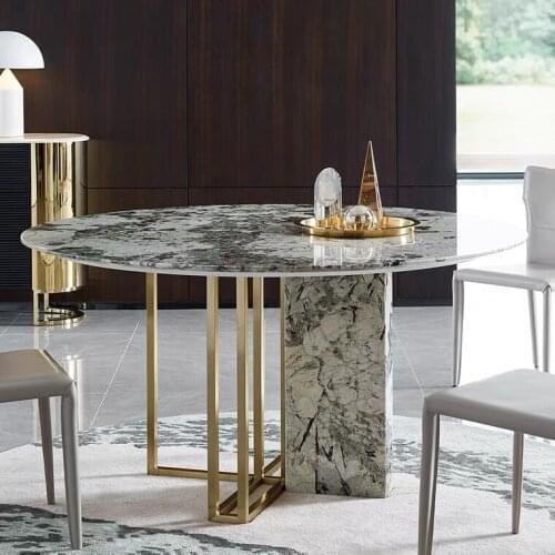ChinaFurniture Alternative Processing Factory Modern Light Luxury Marble Countertop Stainless Steel Feet Round Dining Table Set