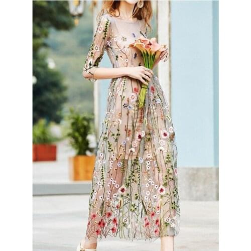 Embroidery Party Dresses Runway Floral Bohemian Flower Embroidered 2 Pieces Vintage Boho Mesh Dresses