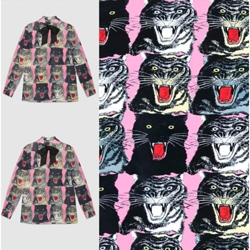 145cm Width Multicolor Tiger Heads Leopards Pink Crepe Satin Fabric for Woman Summer Shirt Sleepwear Dress Sewing DIY