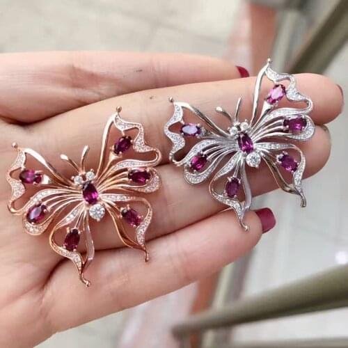 Natural red garnet gem brooch S925 silver Natural gemstone brooch trendy Elegant butterfly women party Office gift fine jewelry