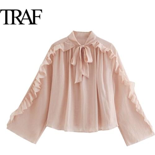Traf Za Womens Clothing Korean Fashion Bow Shirt Pink Ruffle Long Sleeve Blouses Office Ladies Tops Blusa Mujer
