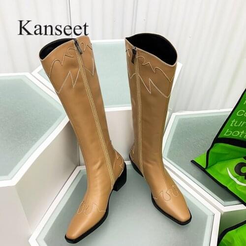 Kanseet 2021 Autumn Winter New Women Long Boots Square Toe Zipper Handmade Mid Heels Shoes Brown Female Knee-High Boots Size 40