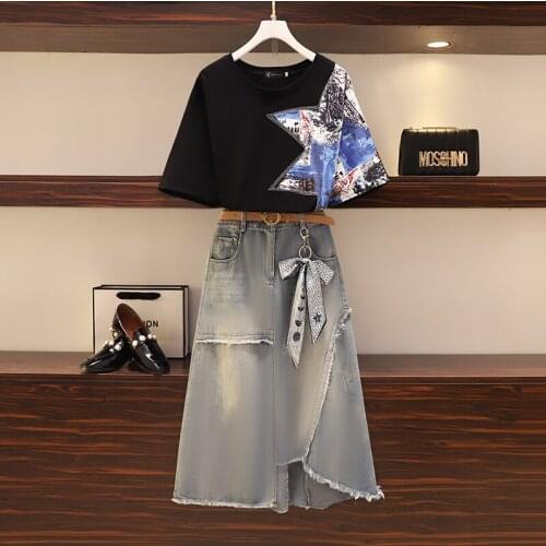 High Quality Summer Skirt Suits Women Black diamonds O Neck T-shirt + Denims irregular Tassel Skirts Set Casual clothing sets