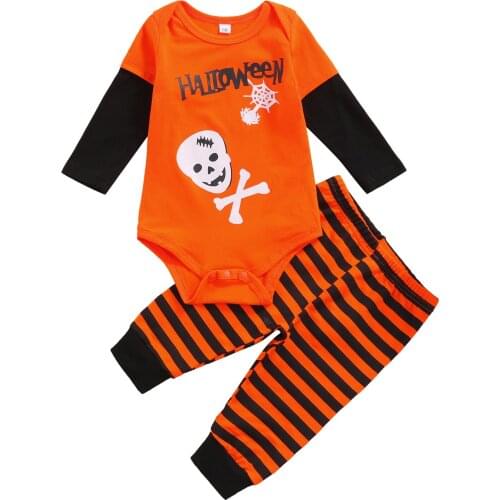 Pudcoco 3-24M 2Pcs Halloween Day Festival Costumes Ghost Letter Stitching Romper+Striped Pants Clothes Pajamas Sets