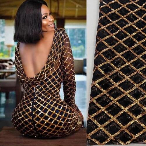 5yards/pc) Latest black gold African sequins French net lace fabric with elegant checkered pattern for party dress FJY312