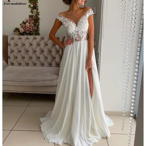 Boho Wedding Dresses 2021 Beach Bridal Gowns Side Split Appliques Beaded Sheer O-Neck Plus Size Bride Dresses Vestido De Noiva
