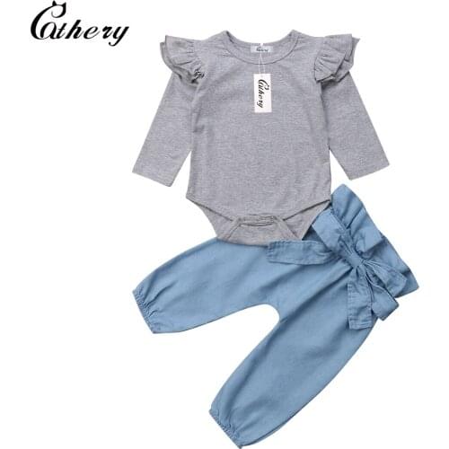Cathery Fashion Ruffles Newborn Baby Girl Cotton Tops Romper Bowknot Denim Pants Autumn Outfits Clothes