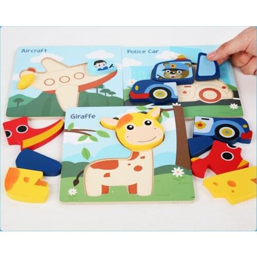 Wooden 3D Cartoon Puzzle 3D Cartoons Jigsaw Puzzle Wooden Card Montessori Early Educational Learning Card