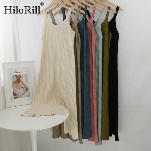 HiloRill Women V Neck Spaghetti Strap Midi Dress Solid Back Spilt Sleeveless Dresses Base Knitted Chic Dress Vestido De Mujer