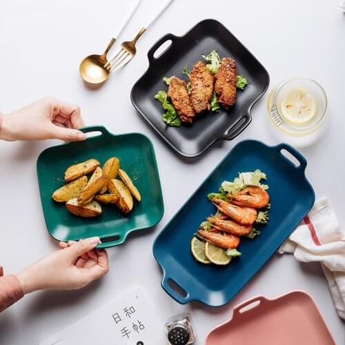 Northern Europe Ceramic Simple Color Glaze Double Ears Pizza Dessert Steak Tableware Household Porcelain Decorative Food Tray