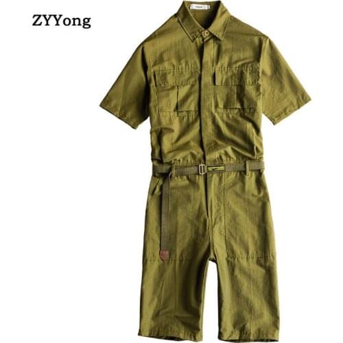 Summer Men Jumpsuit Overalls Punk Style Hip-Hop Streetwear Pockets Cargo Pants Freight Shorts Loose Solid Short Sleeve Rompers