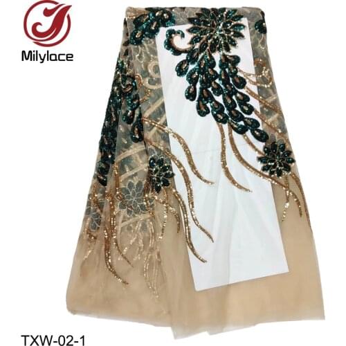 French Lace Fabric 5 Yards Embroidery Tulle Lace Fabric with Sequins Nigerian Net Lace for Dresses TXW-02