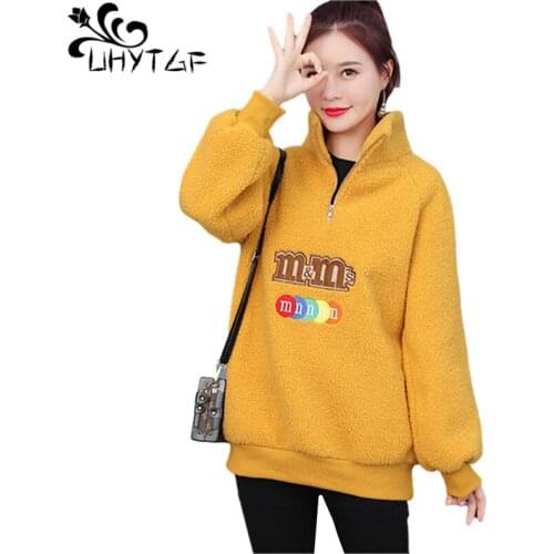UHYTGF Lambswool Autumn Winter Coat Women Mid-Length Plus Cashmere Warm Student Sportswear Korean Loose 2XLOversized Jacket 1367