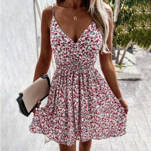 Summer Floral Print Sexy V-neck Halter Mini Sling Dress Womens Beach Casual Fashion Sleeveless Short Skirt -40