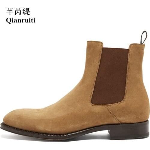 Qianruiti Suede Men Shoes Chelsea Ankle Boots Fashion Show Elastic Band Low-heeled Boot for Outdoot Footwear EU39-EU46