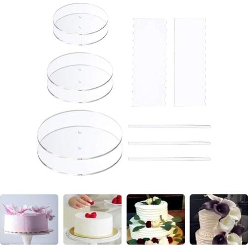 11pcs Acrylic Round Cake Disk Set Transparent Base Boards With Center Hole Pillar Comb Scrapers Dowel Rod Kitchen Baking Tools