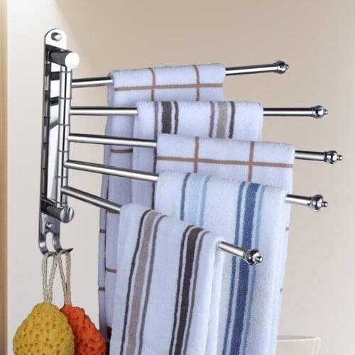 Stainless Steel Swivel Towel Rack 3/4/5 Arms Towel Bar with 2 Hooks Wall Mounted Towel Hanger for Bathroom