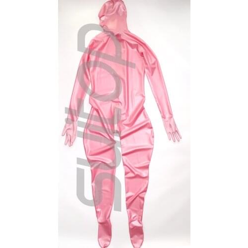 New Full cover body latex catsuit rubber zentai with back 3 zippers gloves, socks and hoods attahced in Metallic pink
