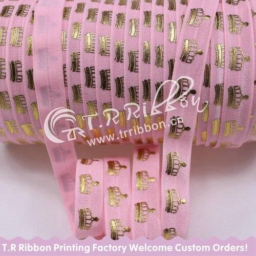 New arrival!! 123 pearl pink gold foil crown printed foe elastic 50 yards /lot for girls wholesale
