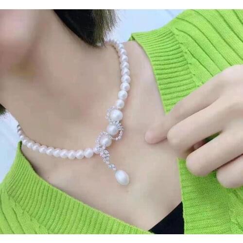 Hand knotted 8-9mm 45cm micro inlaid zircon accessories white freshwater pearl necklace
