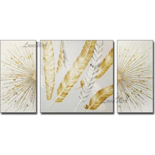 100% Hand-painted Free Shipping Abstract 3 Panels Gold Feather Oil Painting Bedroom Decor Wall Decoration Art Paintings Artwork