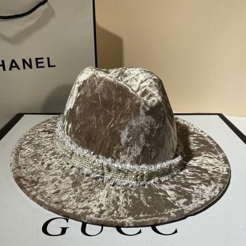 Velvet big brim top hat womens wide brim elegant jazz hat autumn and winter England retro fedora hat all-match Panama hat