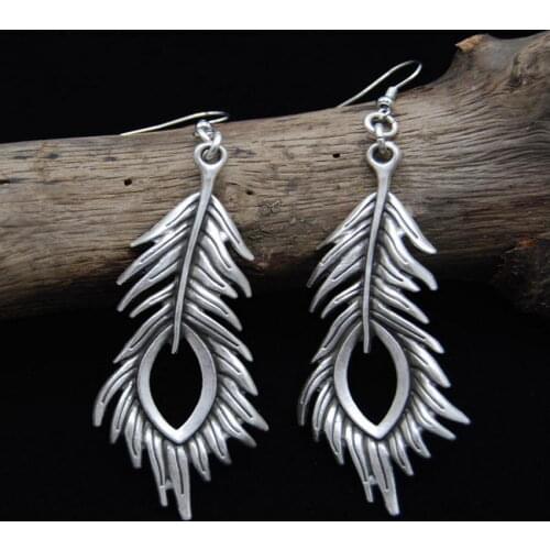 Vintage Silver Metal Feather Dangle Earrings for Women Fashion Leaf Cutout Evil Eye Earrings Jewelry Wholesale