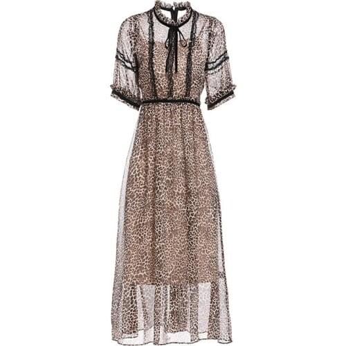 High Quality 2019 Summer New Women Dress Retro Wind Leopard Print Lace Wooden Ears Round Neck Big Swing Casual Dresses Female