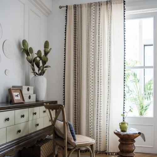 Geometric Print Curtains Tassel Trim Bedroom Long Sheer Linen Cotton Natural Curtain Living Room Cortina Window Decor ZC109