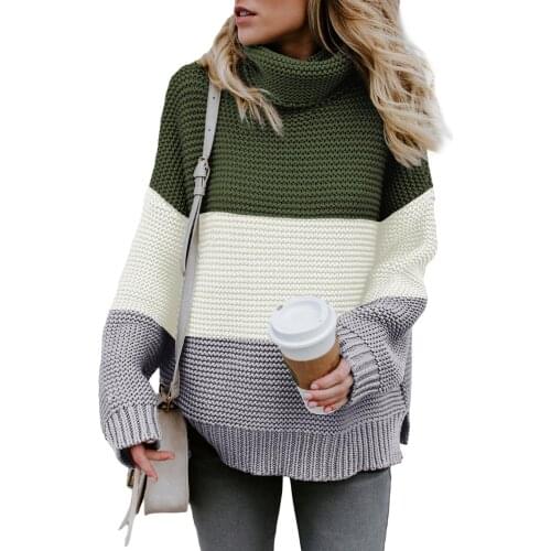 Green/Black Turtleneck Color Block Pullover Sweater Winter Women Casual Loose Long Sleeve Warm Excellent Knitting Fabric Sweater