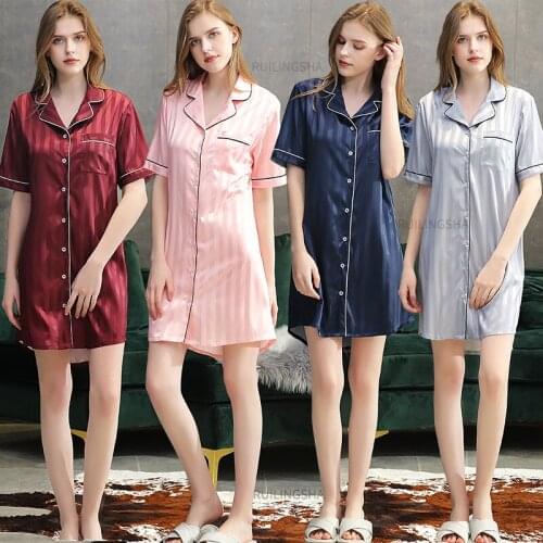 Women Sexy Nightwear Nightshirts Sleepwear Short Sleeve Knee Length Sleepshirts Pink Nightdress Lingerie Night Wear Dress Gown