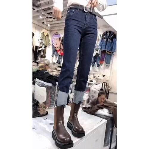 Woman Jeans Pants Zipper Autumn High Waist Straight Pants Pantalones Vaqueros Mujer