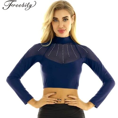 Women Shiny Rhinestones Mesh Splice Long Sleeve Crop Top Ballet Dancewear Sports Gymnastics Tops Stage Performance Dance Costume