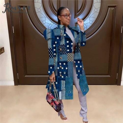 RMSFE 2021 Europe And The United States Hot Selling Women Long Sleeve Lapel Denim Print Long Trench Coat Coat