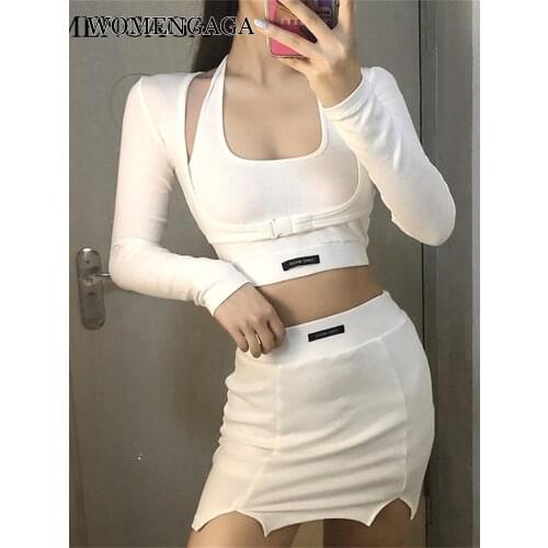 WOMENGAGA 2020 New Solid Color O-Neck Navel Vest Tank Tops + High Waist Mini Letter Sexy Split Fork Skirt 3-piece Set Suit UUX1