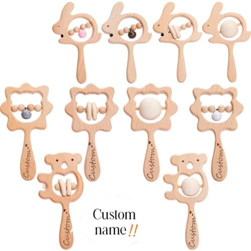 1PCS Baby Toys Wooden Rattle Animal Series Hand Bell Custom Logo Wooden Teether Children Recognize Animal Toys Child Gift