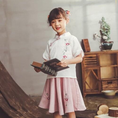 Lovely Girls Cheong-sam 2PC Chinese Traditional Han Fu Baby Retro Dress Summer Casual Dresses Children Perform Dress