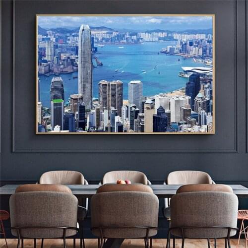 Canvas Paint World City Landscape Prints,Hong Kong ,Building,Gulf,Nordic Style Wall Poster,For Living Room Home Decor framed