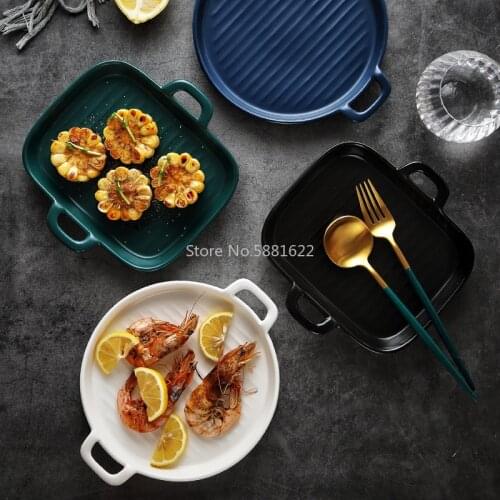 Ceramic Baking Plate Round Porcelain Dinner Dish Special Snack or Bread Plate with Handle Bakeware