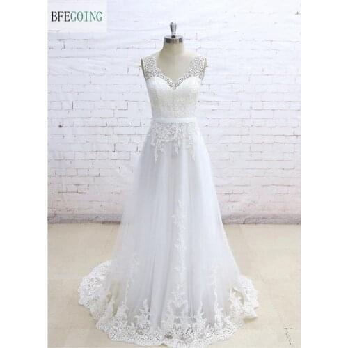 Sexy V-Neck Appliques Lace A-line Floor-length Wedding dress Chapel Train Zipper Up Custom made