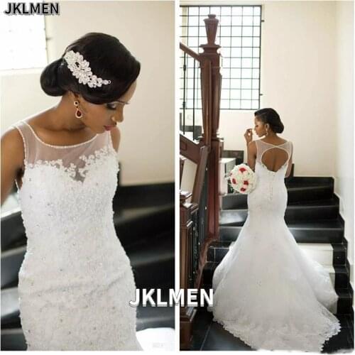 2021 Scoop Neck Lace Appliques Mermaid Wedding Dress Lace-up Open Back Bridal Gowns Spring Wedding Gown Vestidos De Mariee