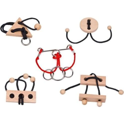 Metal Wooden Rope Puzzle Logic Mind Brain Teaser String Loop Rings Puzzles Game Toys for Adults Children
