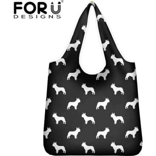 FORUDESIHNS French Bulldog Reusable Folding Shopping Bags Black Large Size Eco Portable Shoulder Handbag for Travel Grocery Bags