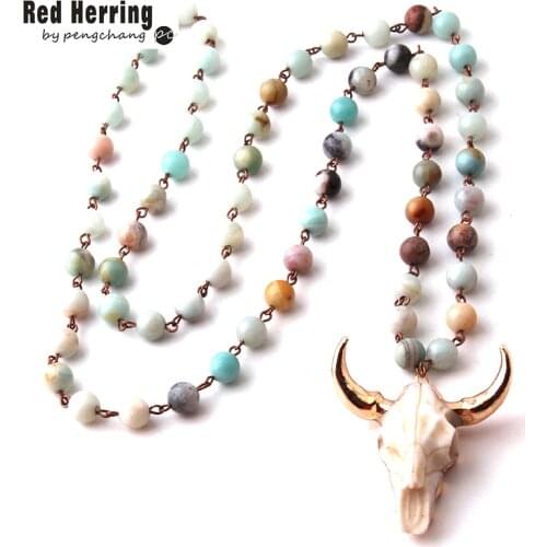 Fashion Amazonite Stones statement necklaces Bohemian Tribal Jewelry Horn Pendant Necklace