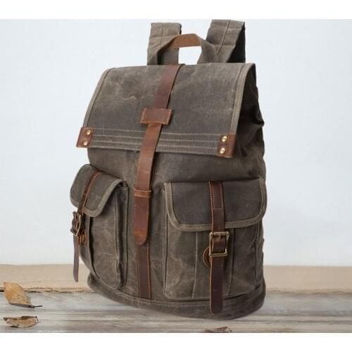 VZVA2020 New Mens Backpack Mens oil Wax Canvas Backpack Shoulder Retro Travel bag Waterproof Travel Bag