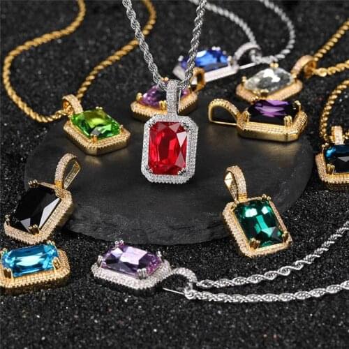 Vintage Square Pendant Necklace for Men Women Gifts 26 Colors Micro Pave Cubic Zircon Necklace Fashion Hip Hop Jewelry